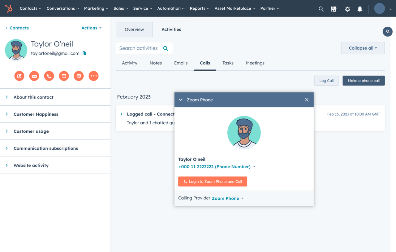 HubSpot conversation intelligence tool showing Zoom calling